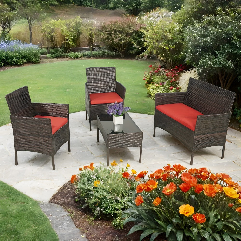 4-Piece Wicker Patio Conversation Set with Side Table and Two Cushions