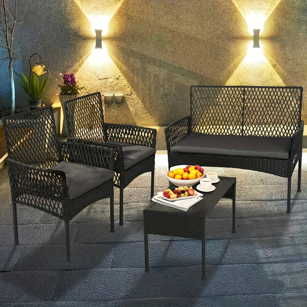 4-Piece Wicker Patio Conversation Set with Side Table and Two Cushions