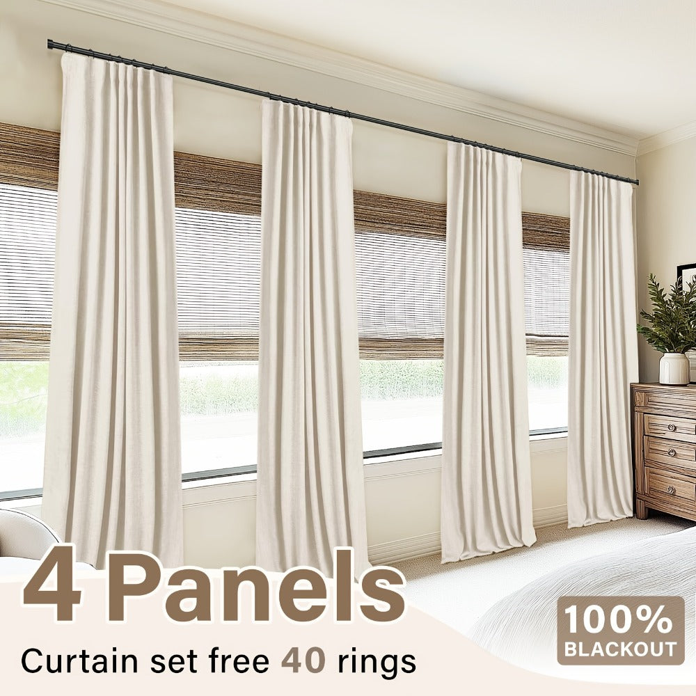 Four Faux Linen Textured Panels with Thermal Insulation and Rod Pockets for Living Room and Bedroom, 100% Blackout Curtains
