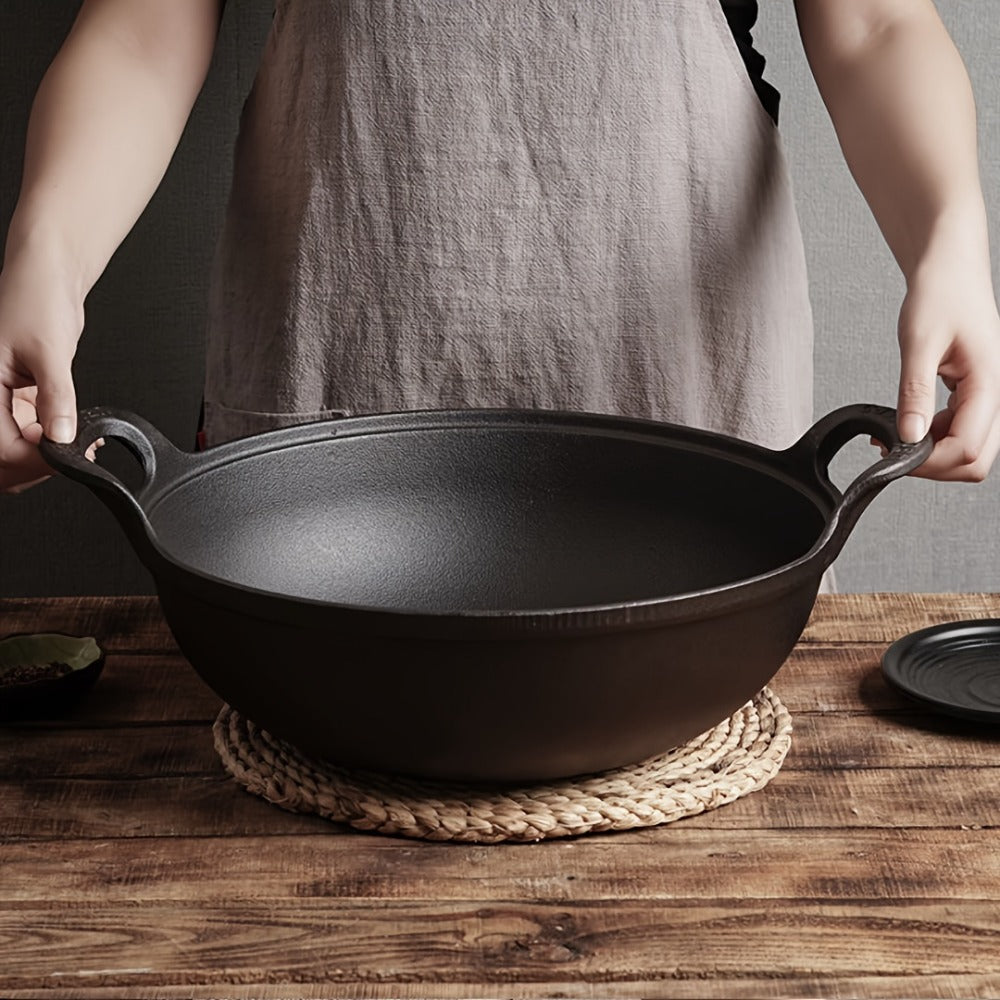 Cast Iron Wok Skillet Non-Stick Deep Stir Fry Pan with Dual Handles - Uncoated Traditional for Home Cooking, Dining and Outdoor Meals