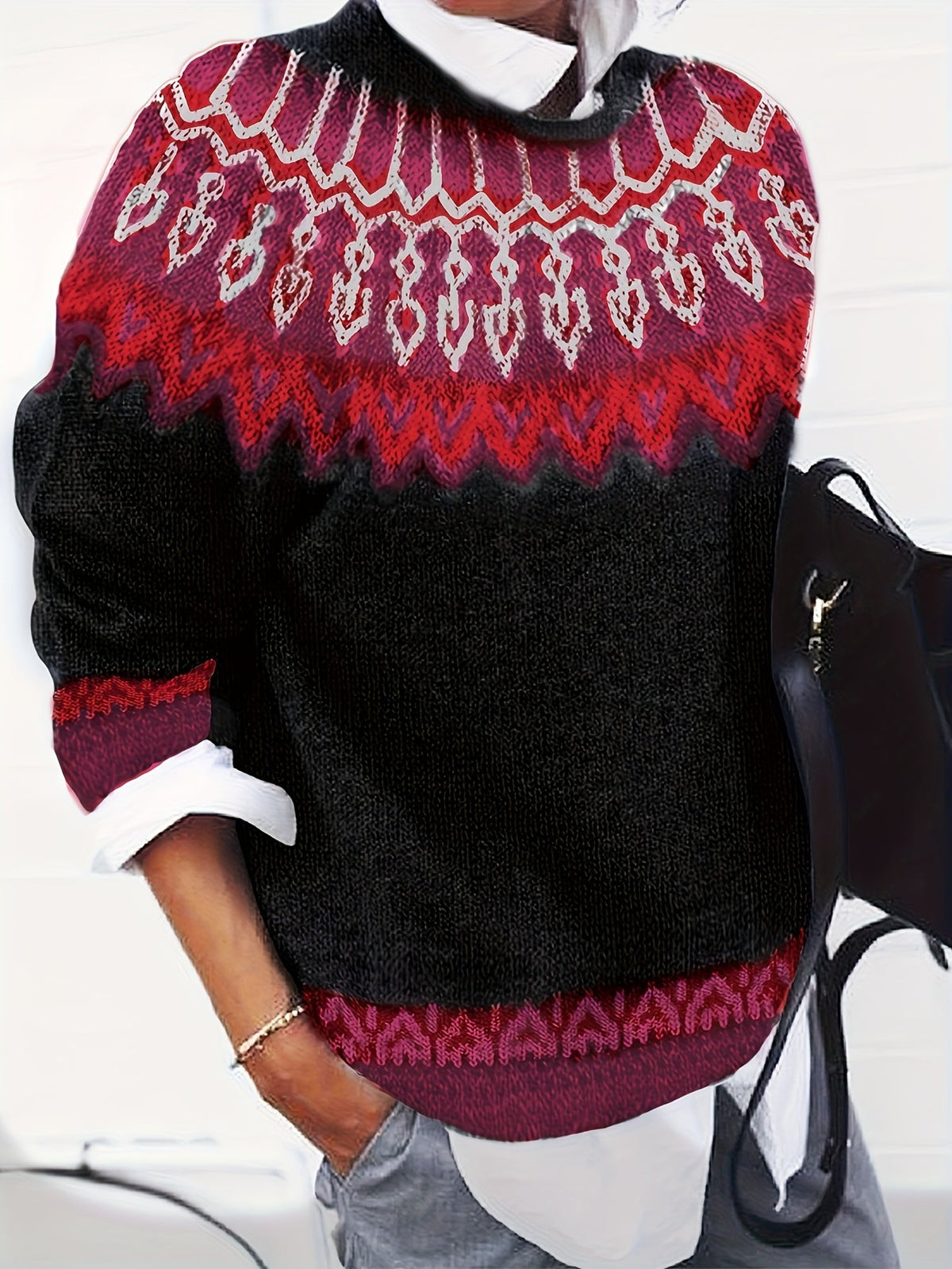 Sylvia | Grobstrick-Jacquardpullover mit Rundhalsausschnitt
