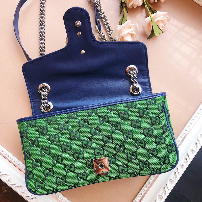 Gucci GG Marmont Small Shoulder Bag – Quilted GG Canvas Pink Purple & Green Navy