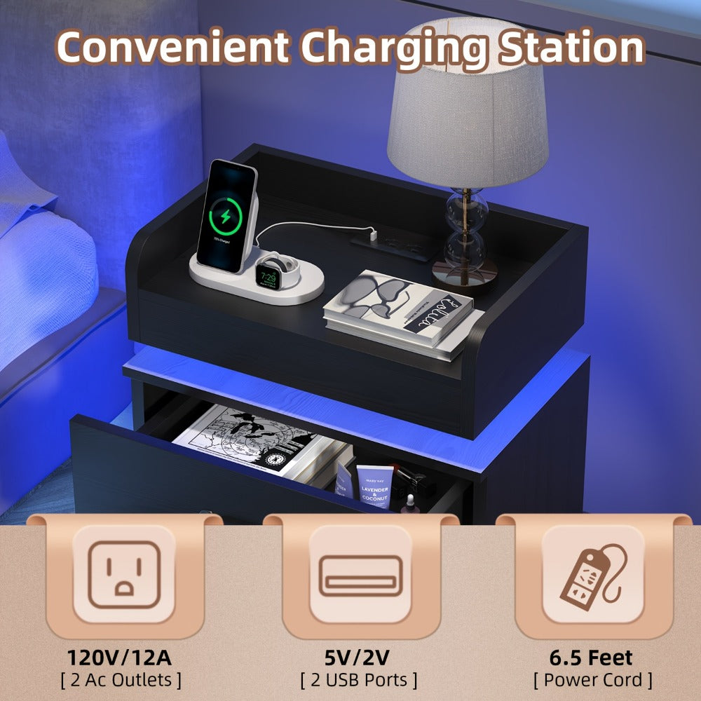 Bedside Table in Black or White in a Tray-Top Two-Drawer Charging Station Nightstand Design with LED Light