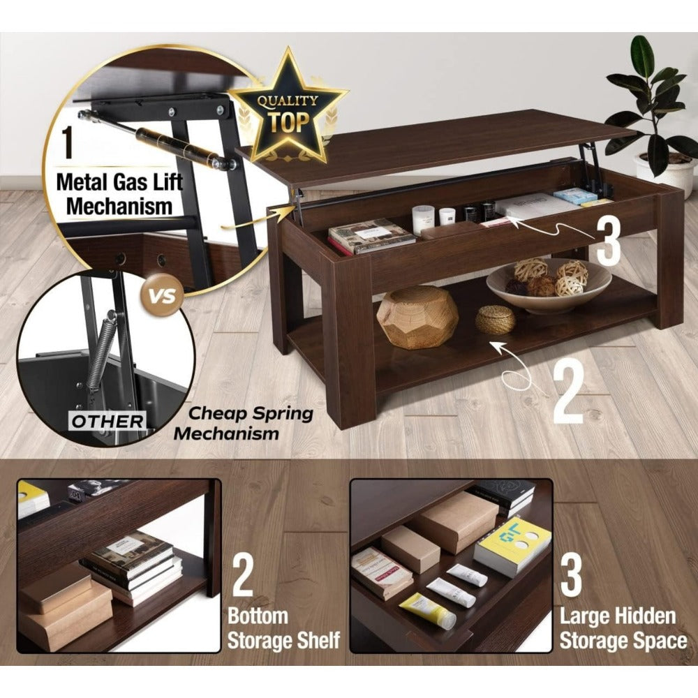 Coffee Table 41-Inch Lift-Top Design with Hidden Compartment, Open Lower Shelf and Four Wood-Look Finishes