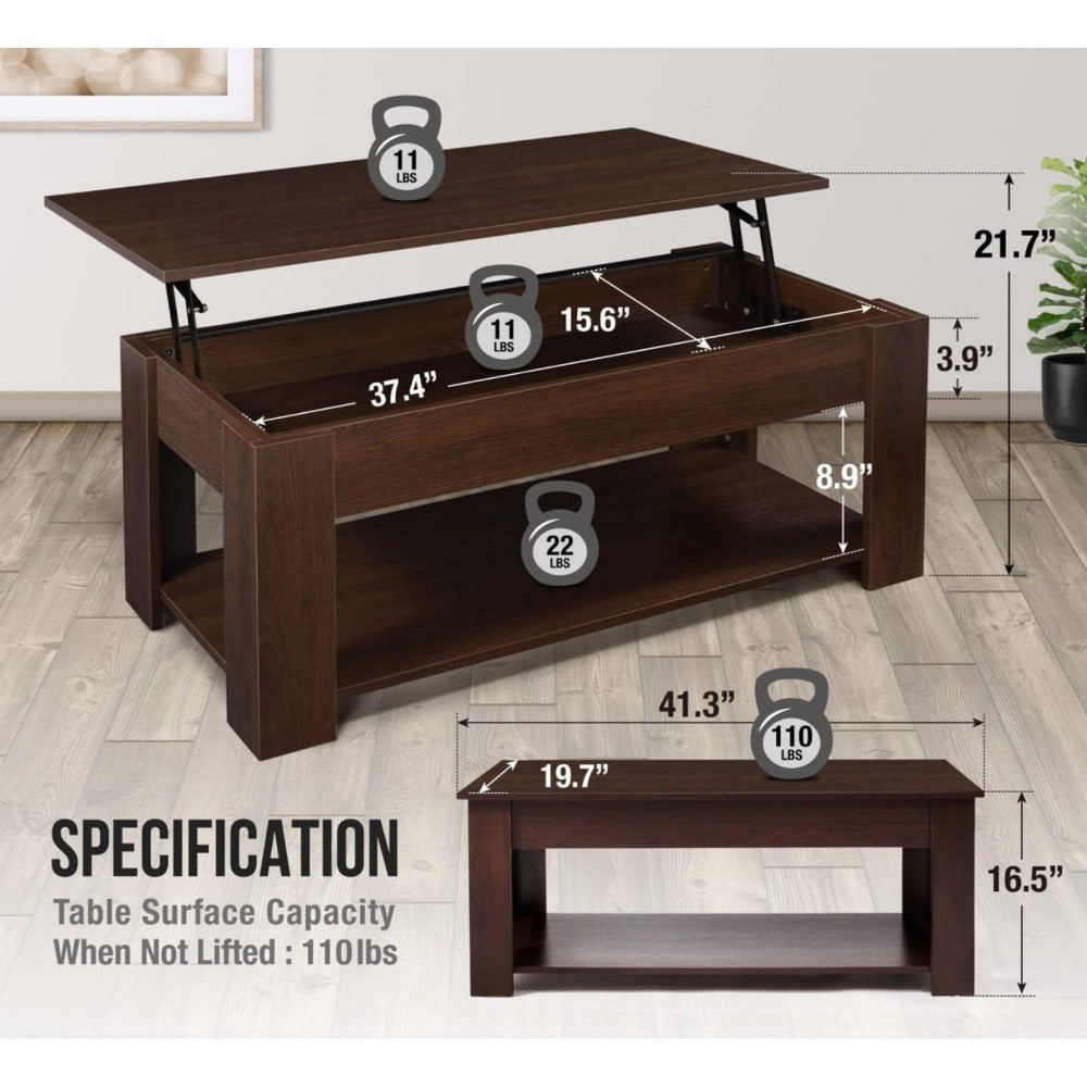 Coffee Table 41-Inch Lift-Top Design with Hidden Compartment, Open Lower Shelf and Four Wood-Look Finishes