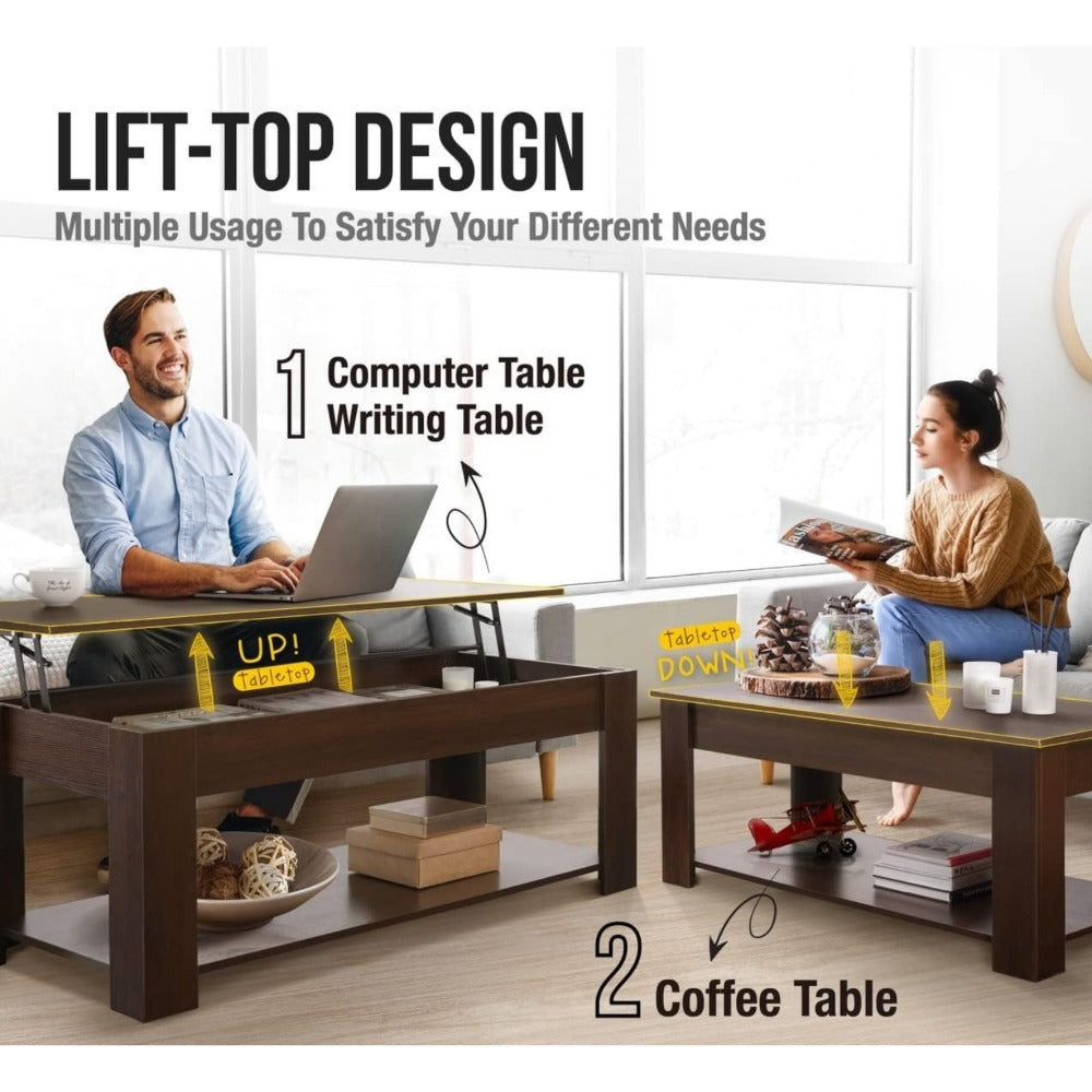 Coffee Table 41-Inch Lift-Top Design with Hidden Compartment, Open Lower Shelf and Four Wood-Look Finishes