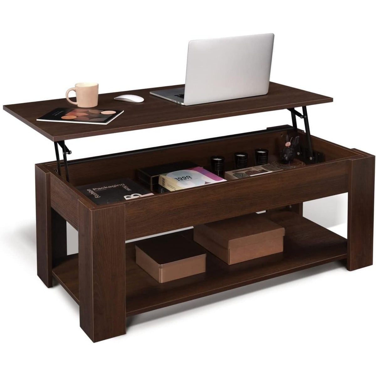Coffee Table 41-Inch Lift-Top Design with Hidden Compartment, Open Lower Shelf and Four Wood-Look Finishes