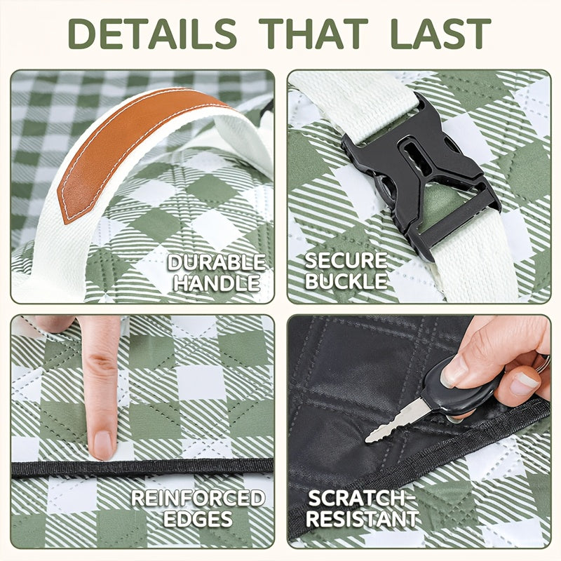 Beach Blanket for Outdoor Picnics, Dark Green Padded 80 x 80-Inch Roll-Up Mat with Buckled Carry Straps