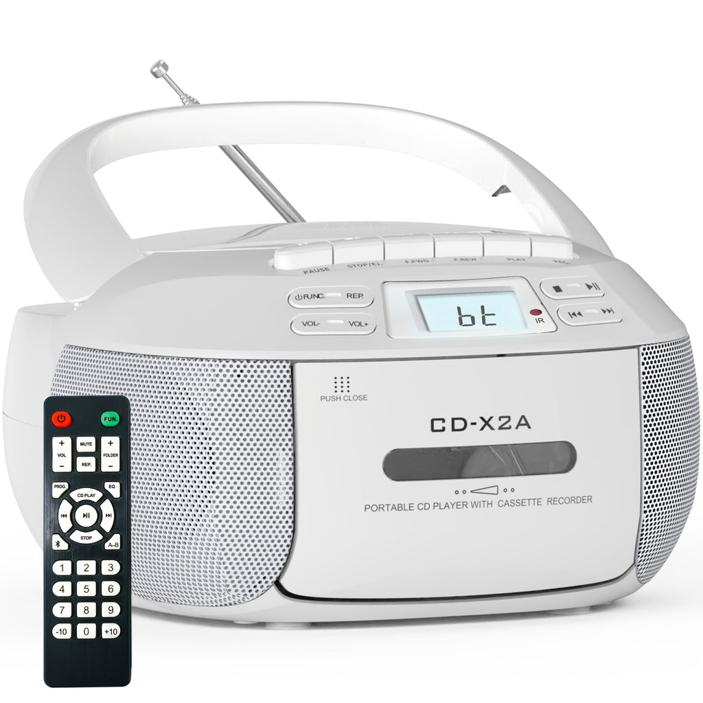CD Cassette Player Boombox Combo with AM/FM Radio, Remote Control, LCD Display, AUX USB Earphone Jack