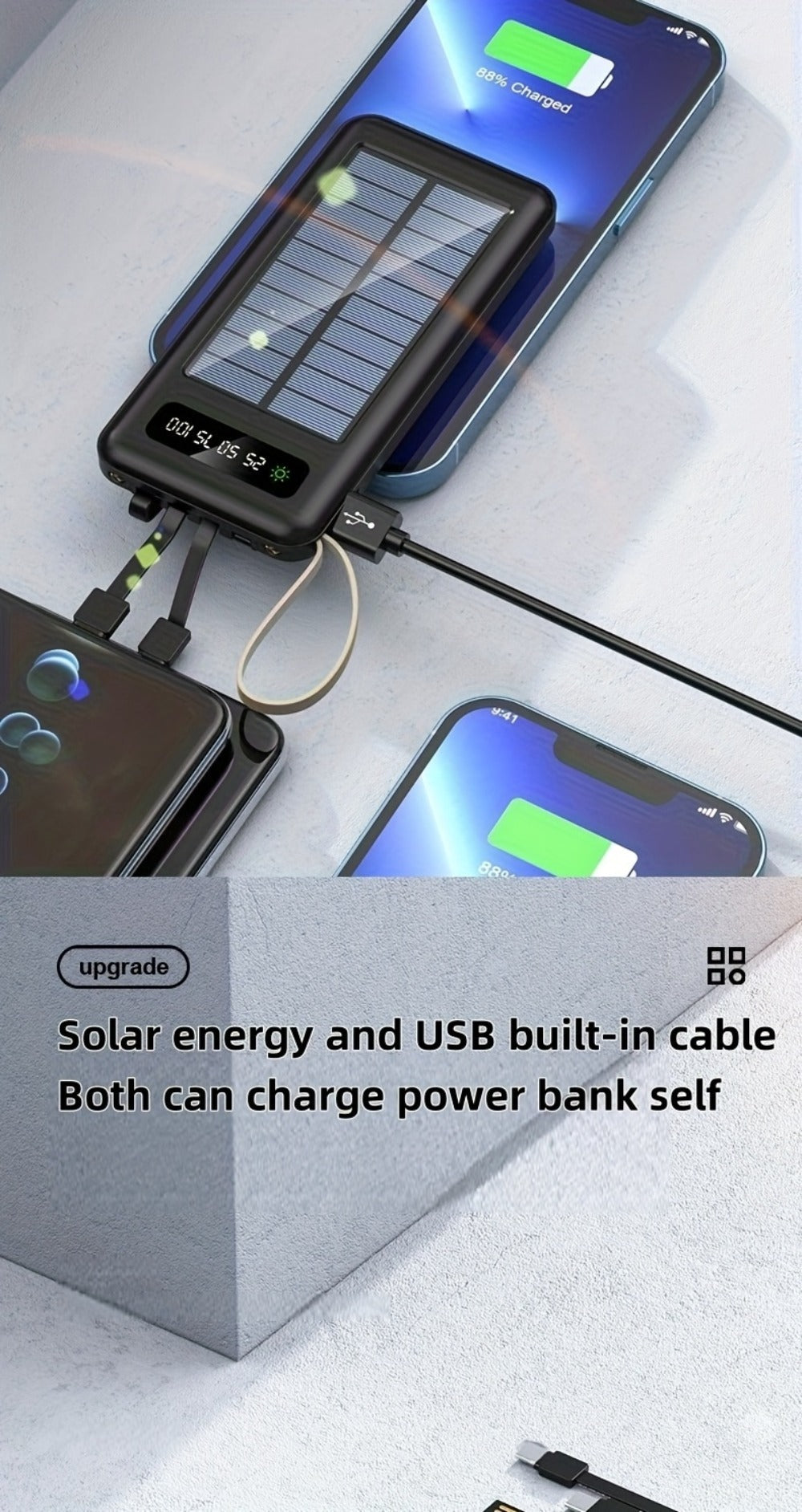 Solar Power Bank for Portable Device Charging, Built-In Cables and Digital Display, 10000-30000mAh