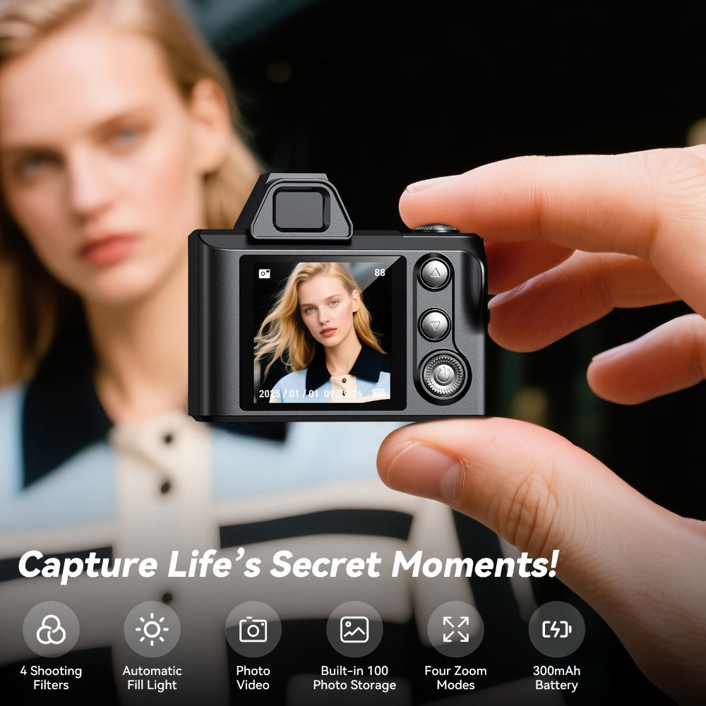 Mini Pocket Camera Retro Vintage Thumb Size with LED Flash, Multiple Filters & 64GB Memory Card
