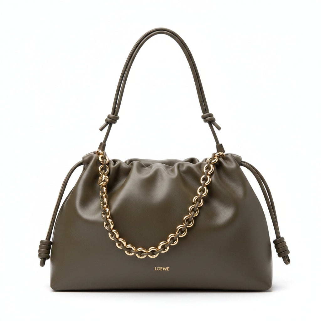 Loewe Flamenco Clutch Large – Khaki Olive Nappa Leather Gold Chain Strap