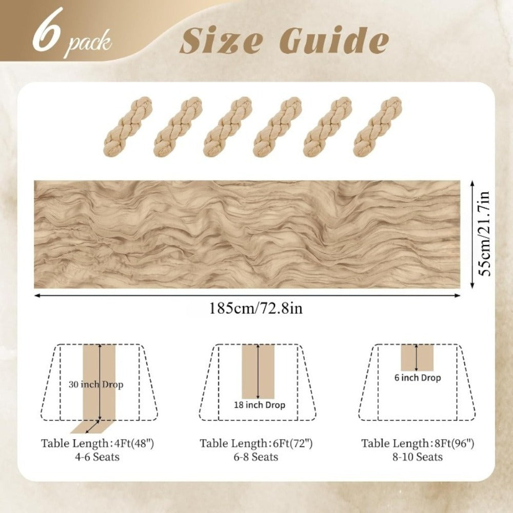 Cheesecloth Table Runner Set of Six Pieces at 21.7 x 72.8 Inches Each in Nine Colors for Dining and Events