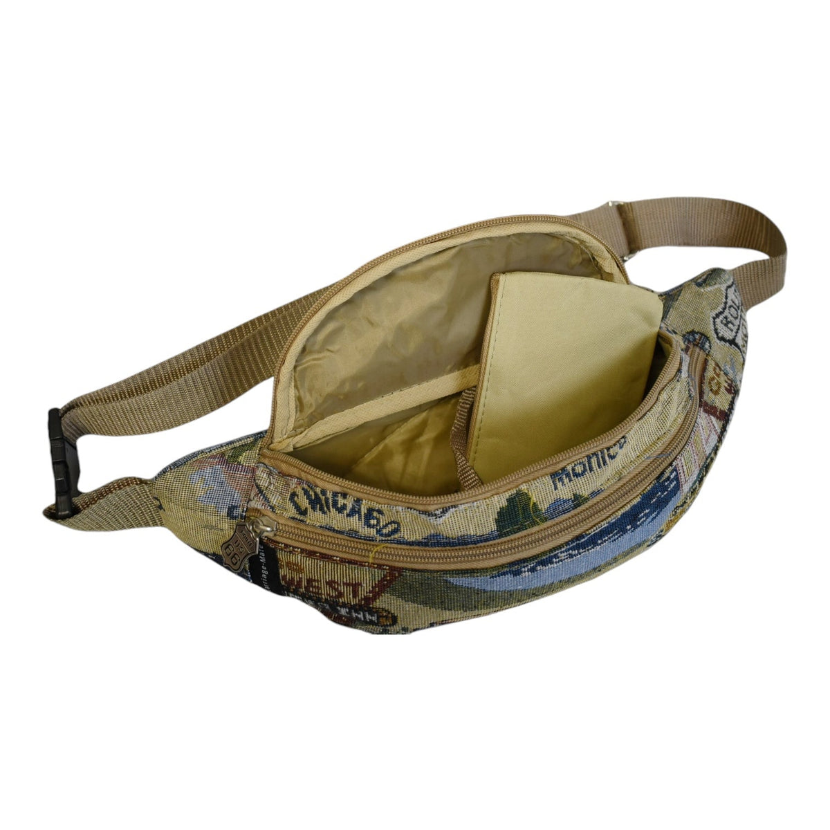 Route 66 Tapestry Canvas Waist Bag with Front Zipper Pocket and Adjustable Multi-Way Strap