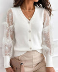Women's Mesh Long Sleeve Cardigan Embroidered V Neck Knit Sweater Rhinestone Button Ribbed Slim Fit Casual Coat