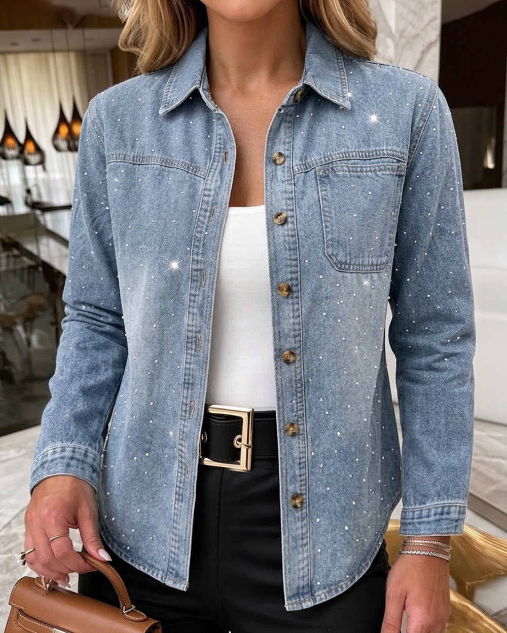 Damen-Jeansjacke mit Strasssteinen, verwaschene Oversized-Hemdjacke mit Knopfleiste, glitzernde, locker geschnittene Freizeitjacke mit langen Ärmeln
