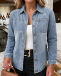 Damen-Jeansjacke mit Strasssteinen, verwaschene Oversized-Hemdjacke mit Knopfleiste, glitzernde, locker geschnittene Freizeitjacke mit langen Ärmeln