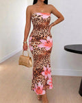 Trägerloses Maxikleid mit Leoparden- und Blumenmuster, ärmelloses figurbetontes Meerjungfrauenkleid für den Urlaub oder Partys