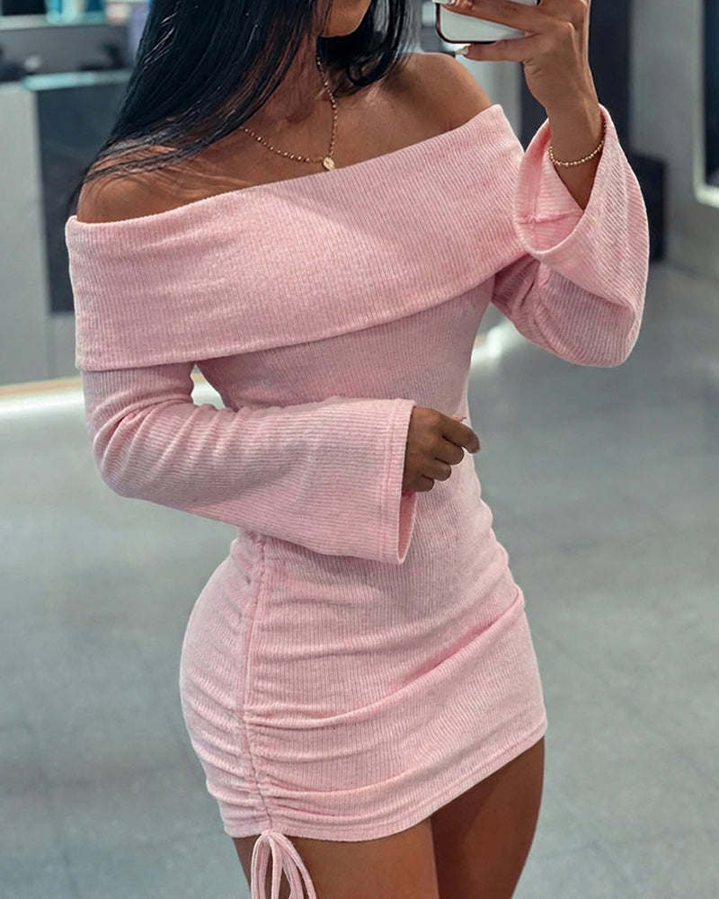 Women's Foldover Off Shoulder Long Sleeve Ruched Mini Dress Drawstring Bodycon Dress