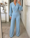 Jumpsuit mit Strass- und Perlenbesatz, Reverskragen, plissierten langen Ärmeln, weitem Bein, lässiger hoher Taille und Reißverschluss am Rücken