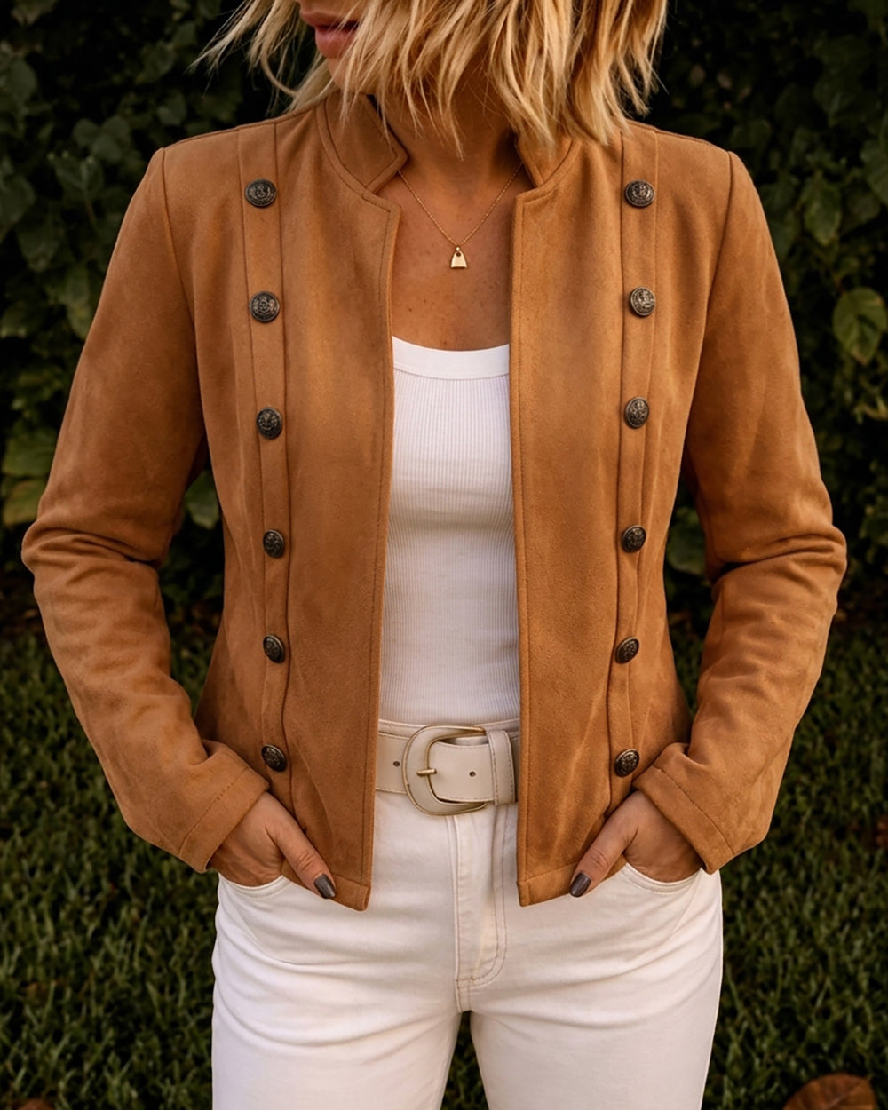 Double Breasted Decor Stand Collar Open Front Faux Suede Jacket Casual Coat