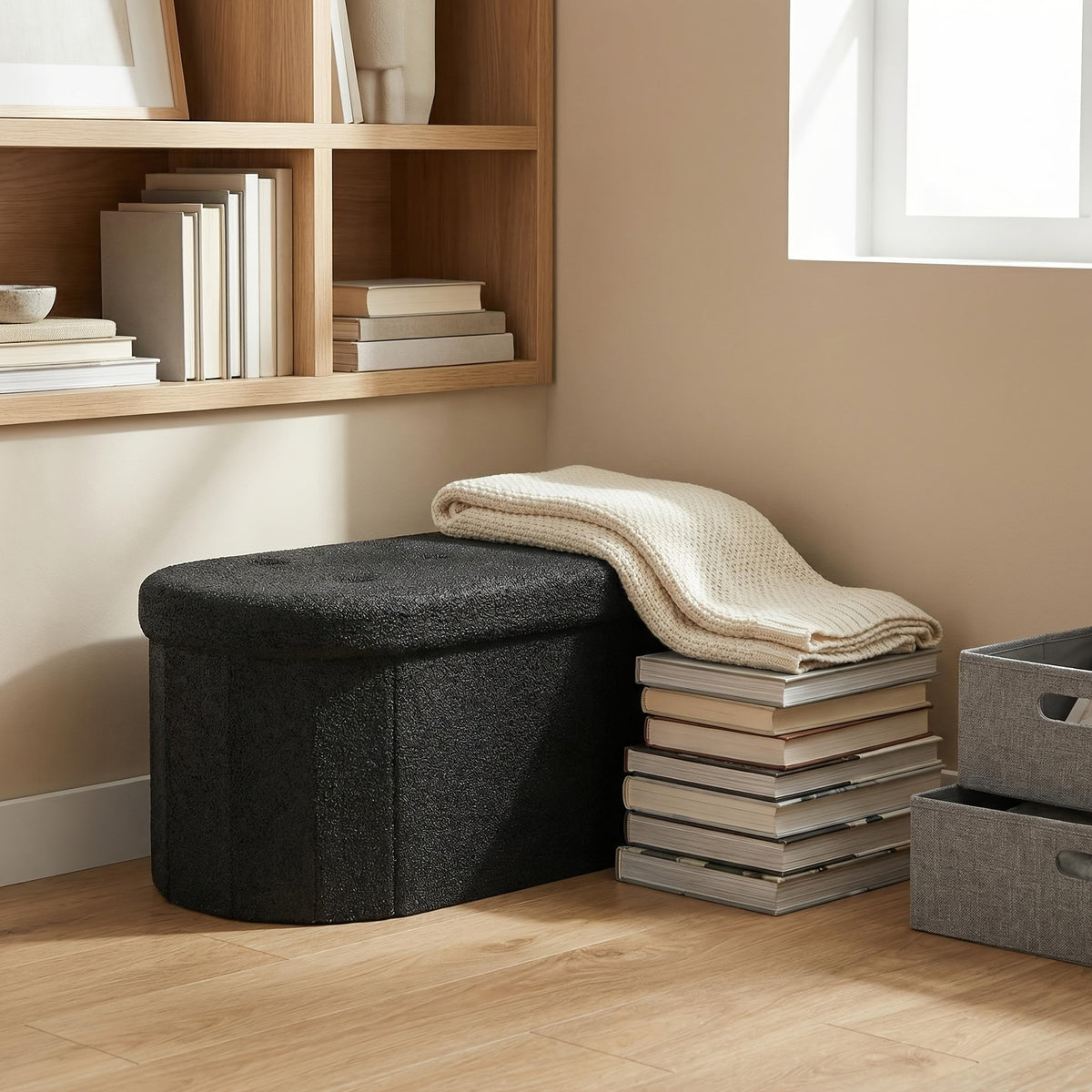30- or 43-Inch Oval Storage Ottoman Bench with Teddy-Fleece Surface, Lift-Top Compartment and Two Colors