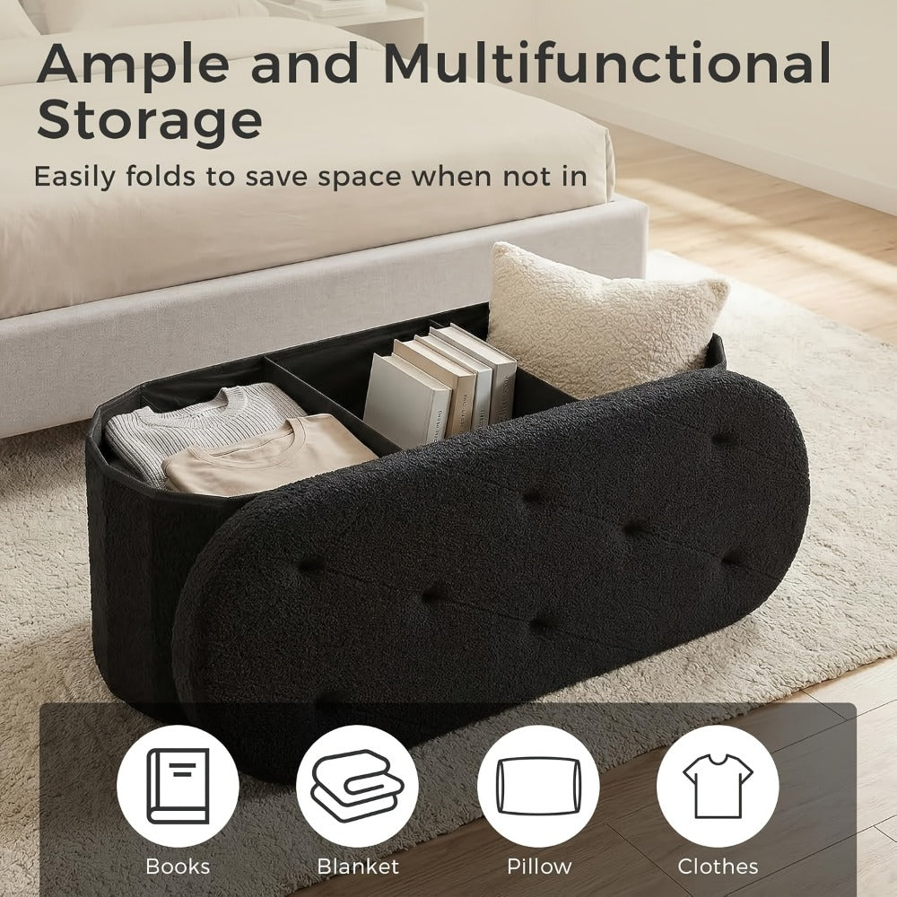 30- or 43-Inch Oval Storage Ottoman Bench with Teddy-Fleece Surface, Lift-Top Compartment and Two Colors