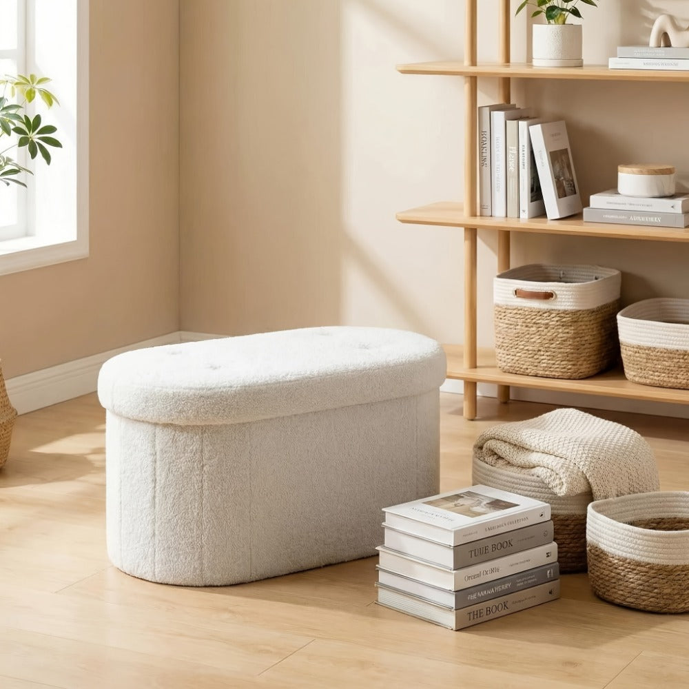 30- or 43-Inch Oval Storage Ottoman Bench with Teddy-Fleece Surface, Lift-Top Compartment and Two Colors