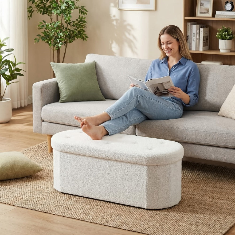 30- or 43-Inch Oval Storage Ottoman Bench with Teddy-Fleece Surface, Lift-Top Compartment and Two Colors