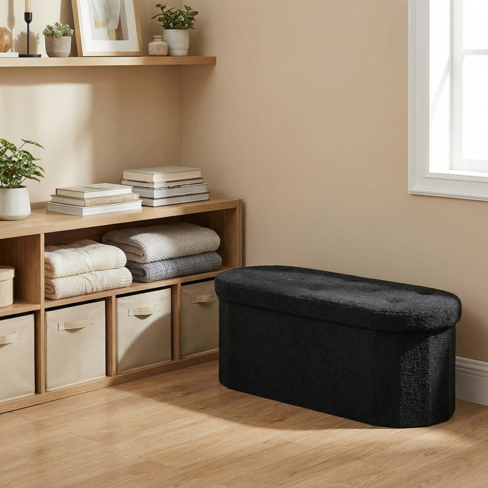 30- or 43-Inch Oval Storage Ottoman Bench with Teddy-Fleece Surface, Lift-Top Compartment and Two Colors