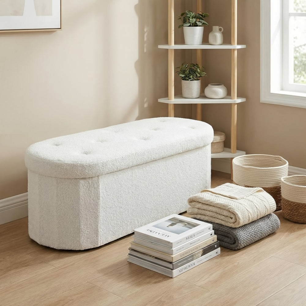 30- or 43-Inch Oval Storage Ottoman Bench with Teddy-Fleece Surface, Lift-Top Compartment and Two Colors