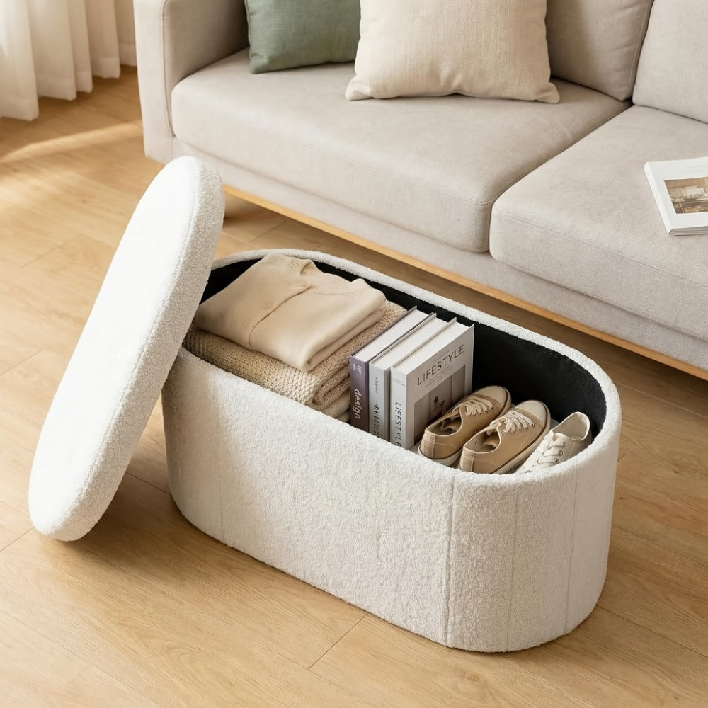 30- or 43-Inch Oval Storage Ottoman Bench with Teddy-Fleece Surface, Lift-Top Compartment and Two Colors