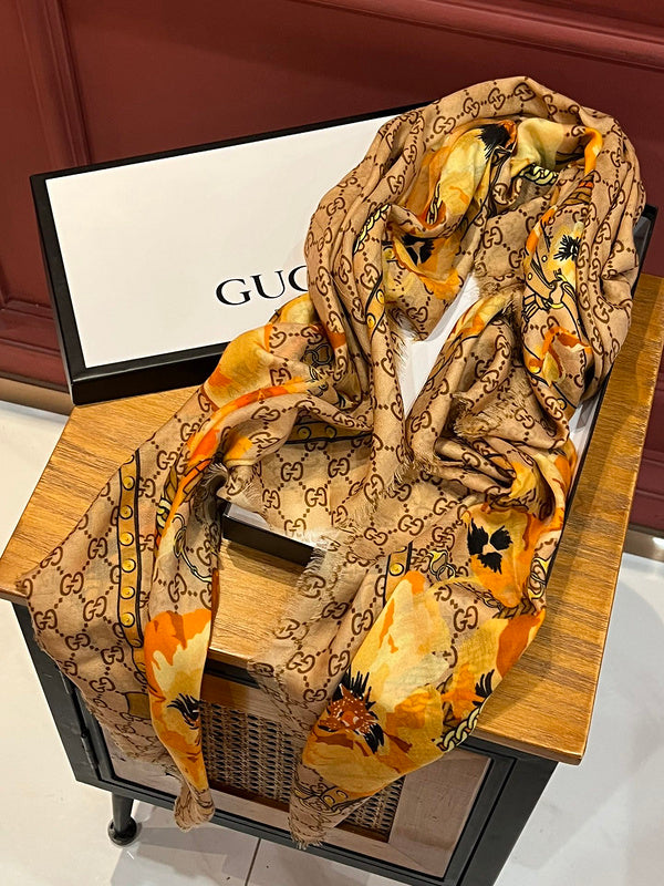 Gucci GG Monogram Floral Chain Print Scarf – Camel & Orange
