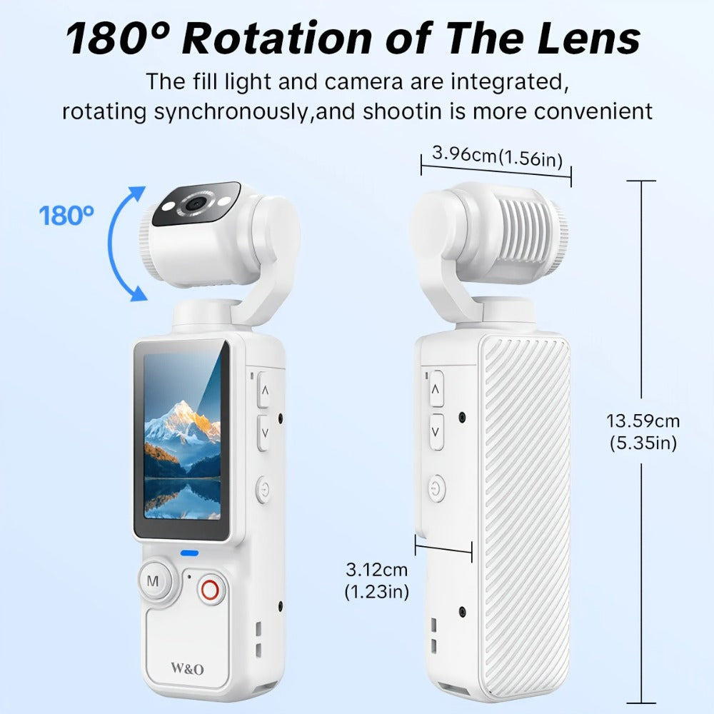 W&O Pocket Camera with Webcam Function, 1.9" Screen, 180° Rotating Shot, 2000mAh Battery, USB-C Charging