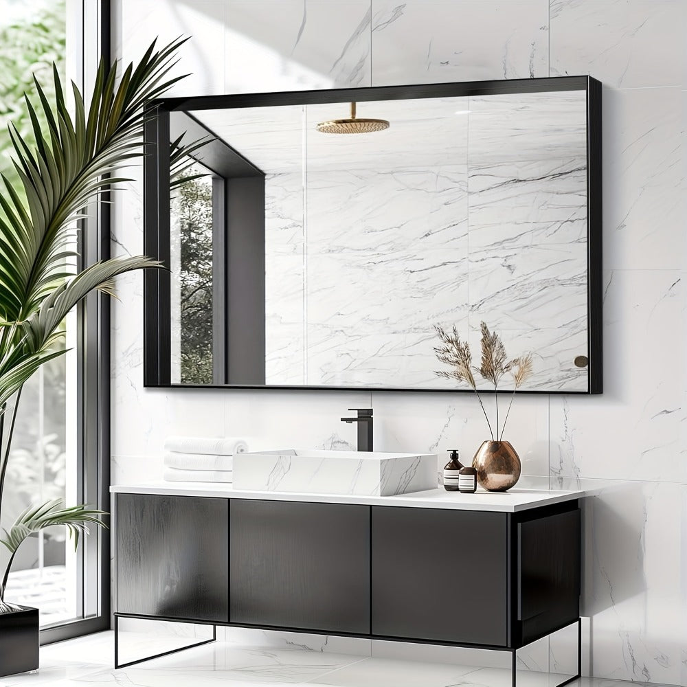 Bathroom Mirror with Rectangular Metal Frame, Horizontal or Vertical Wall Mounting in Three Finishes