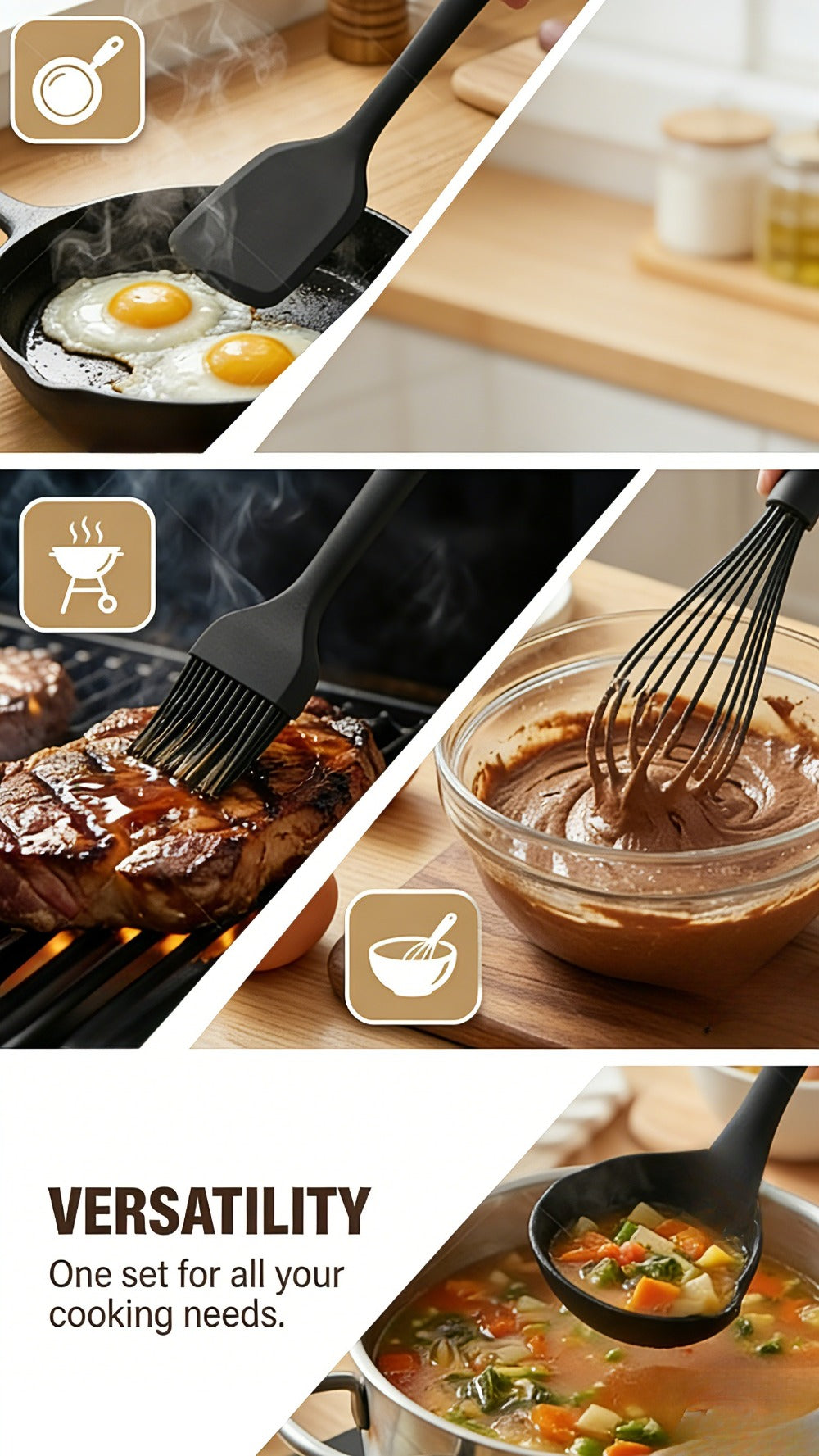 Silicone Kitchen Utensil Set 12PCS with Wooden Handle - Heat Resistant Non-Stick Safe for Home Cooking, Dining and Outdoor Meals