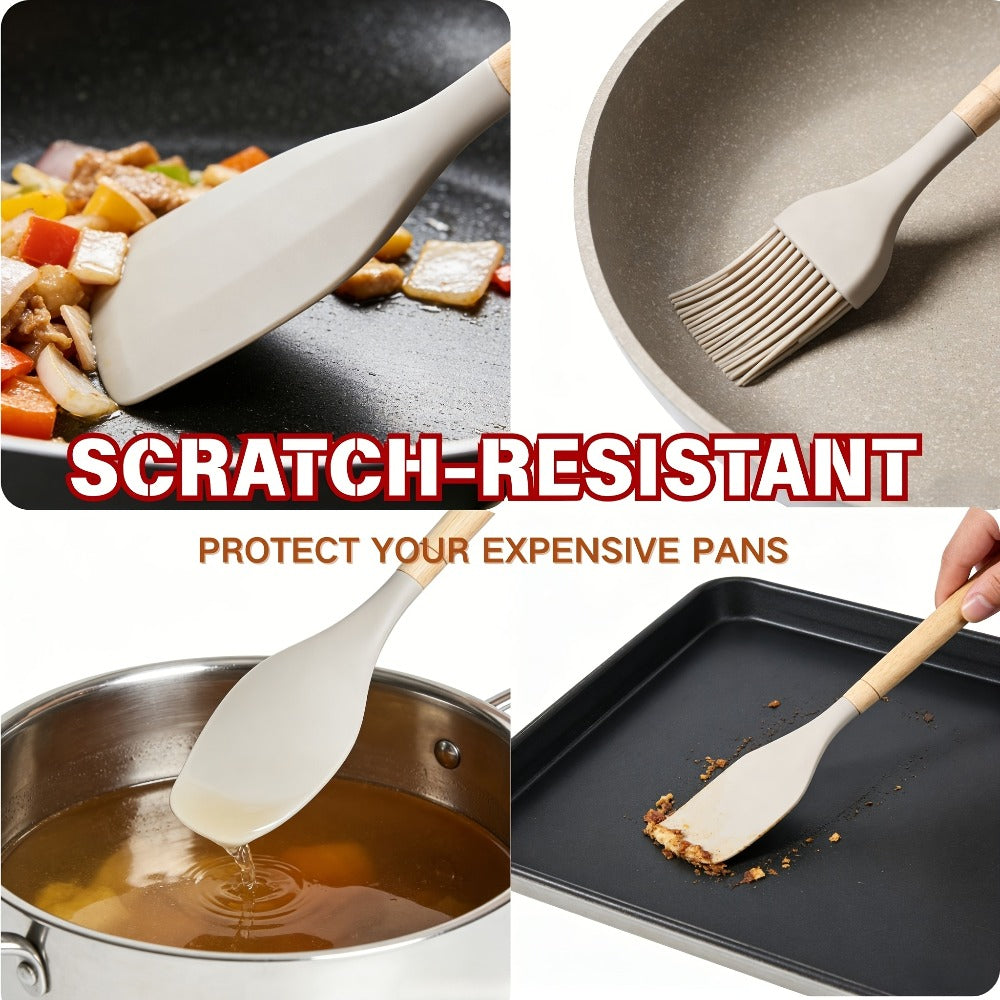 Silicone Kitchen Utensil Set 12PCS with Wooden Handle - Heat Resistant Non-Stick Safe for Home Cooking, Dining and Outdoor Meals