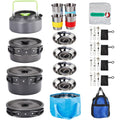 Camping Cookware Set, 19- or 27-Piece Coated Aluminum Mess Kit with Pot, Pan, Kettle, Cups, Plates and Cutlery