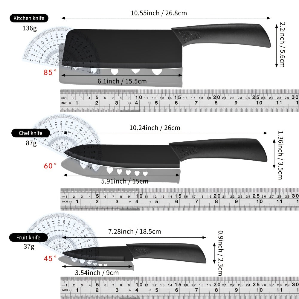Multi-Piece Kitchen Knife Set with Stainless Steel Labels in Black Three-Piece or Brown Seven-Piece Options