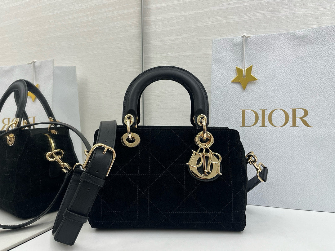 Dior Lady D-Joy Bag Small – Black Velvet Cannage Gold Hardware CD Charm