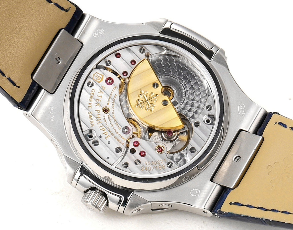 Patek Philippe Nautilus 5726 Annual Calendar – White Gold Baguette Diamond Bezel Blue Dial Moon Phase Blue Crocodile Strap