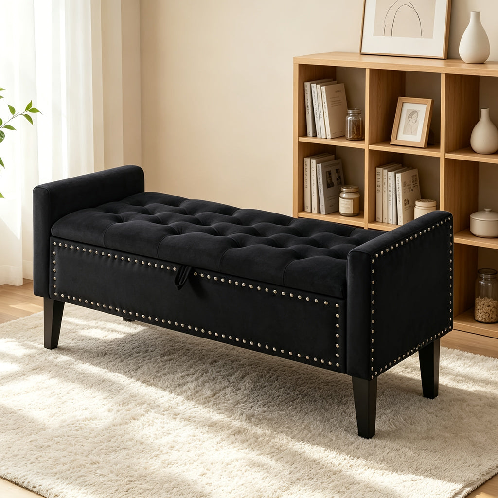 47-Inch Tufted Storage Ottoman Bench with Roll Arms, Nailhead Trim, Lift-Top Compartment and Five Colors