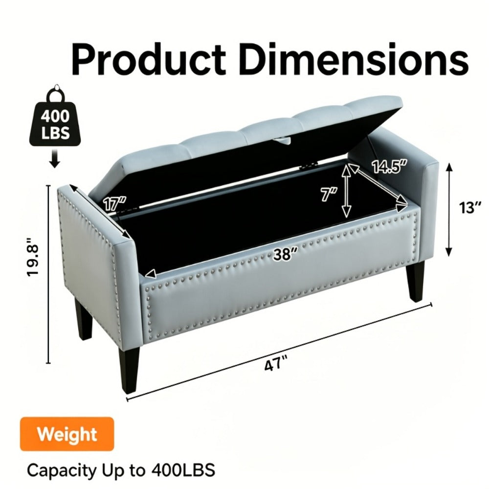 47-Inch Tufted Storage Ottoman Bench with Roll Arms, Nailhead Trim, Lift-Top Compartment and Five Colors