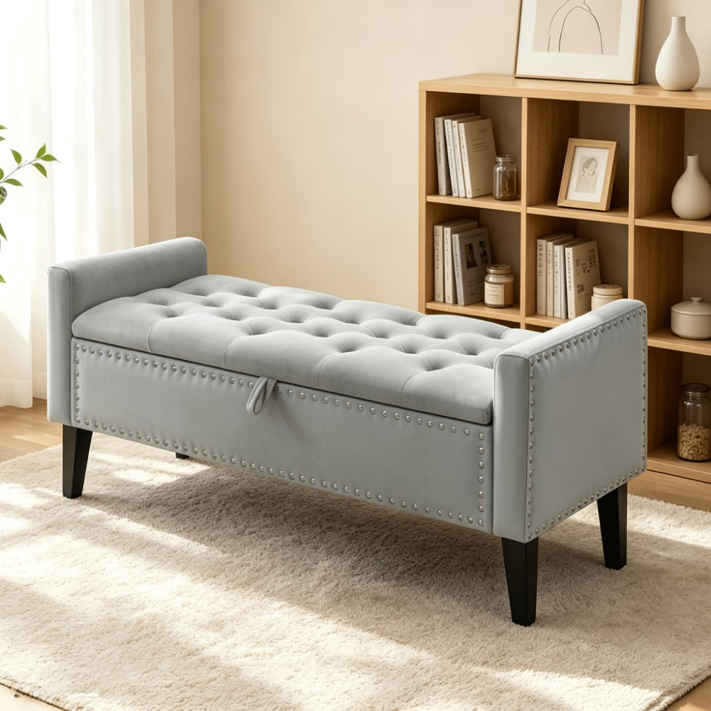 47-Inch Tufted Storage Ottoman Bench with Roll Arms, Nailhead Trim, Lift-Top Compartment and Five Colors