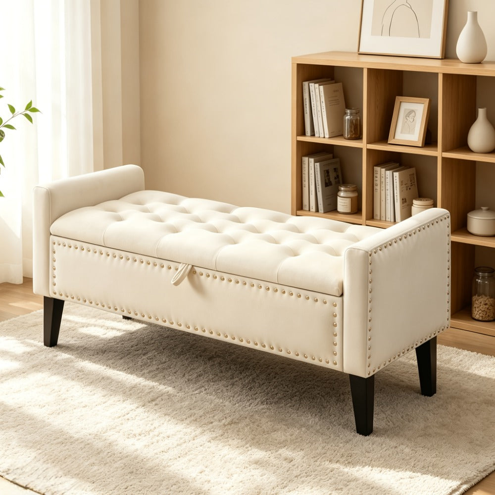 47-Inch Tufted Storage Ottoman Bench with Roll Arms, Nailhead Trim, Lift-Top Compartment and Five Colors