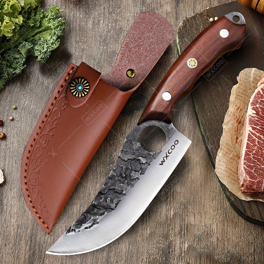 Kitchen Knife Set by WXYCOO, 3- or 4-Piece 5Cr15MoV Steel Hammered Blades with Curved Wood Handles