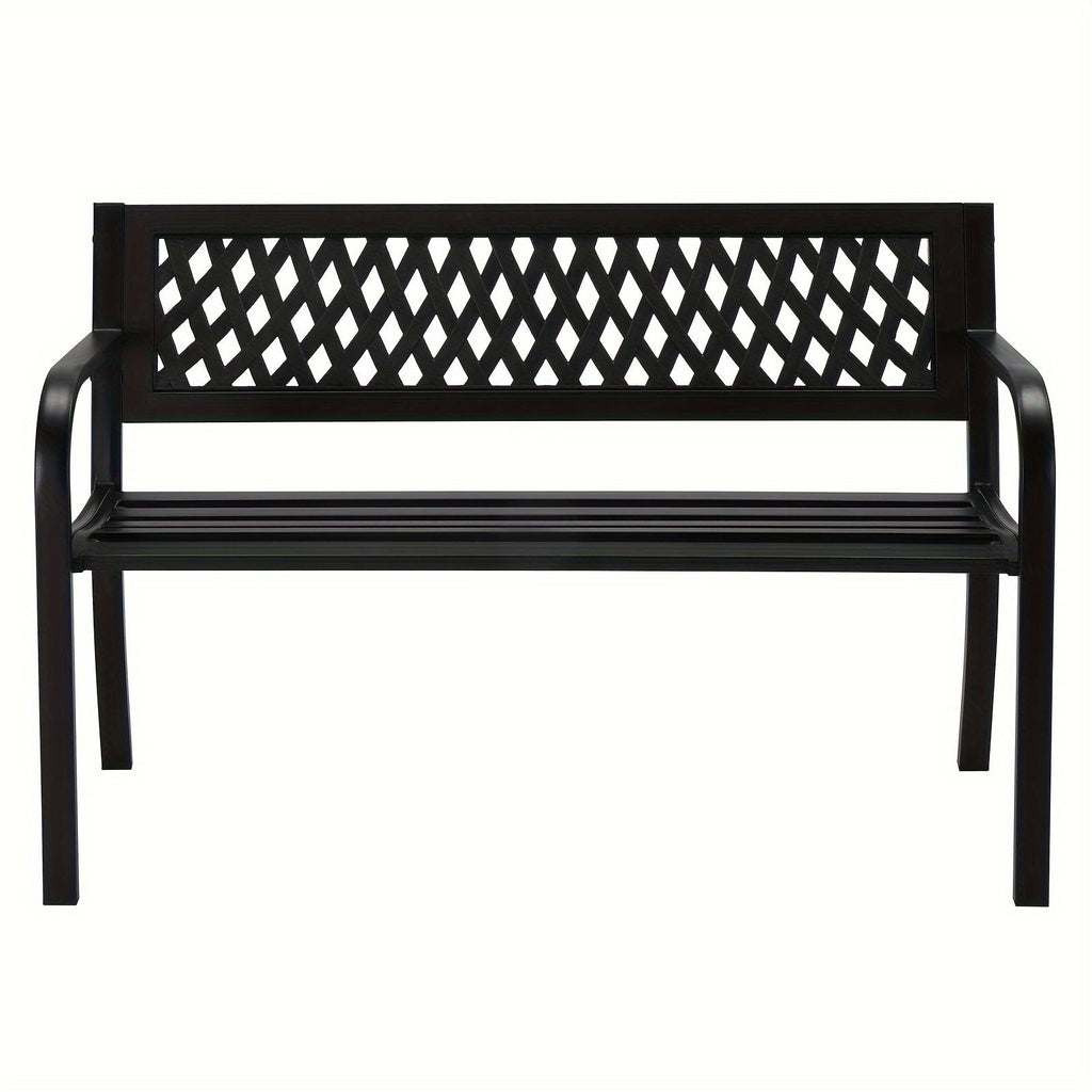 Black Metal Outdoor Bench with 47in Slatted Seat, Lattice Backrest, Curved Arms and Single Finish