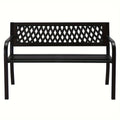 Black Metal Outdoor Bench with 47in Slatted Seat, Lattice Backrest, Curved Arms and Single Finish