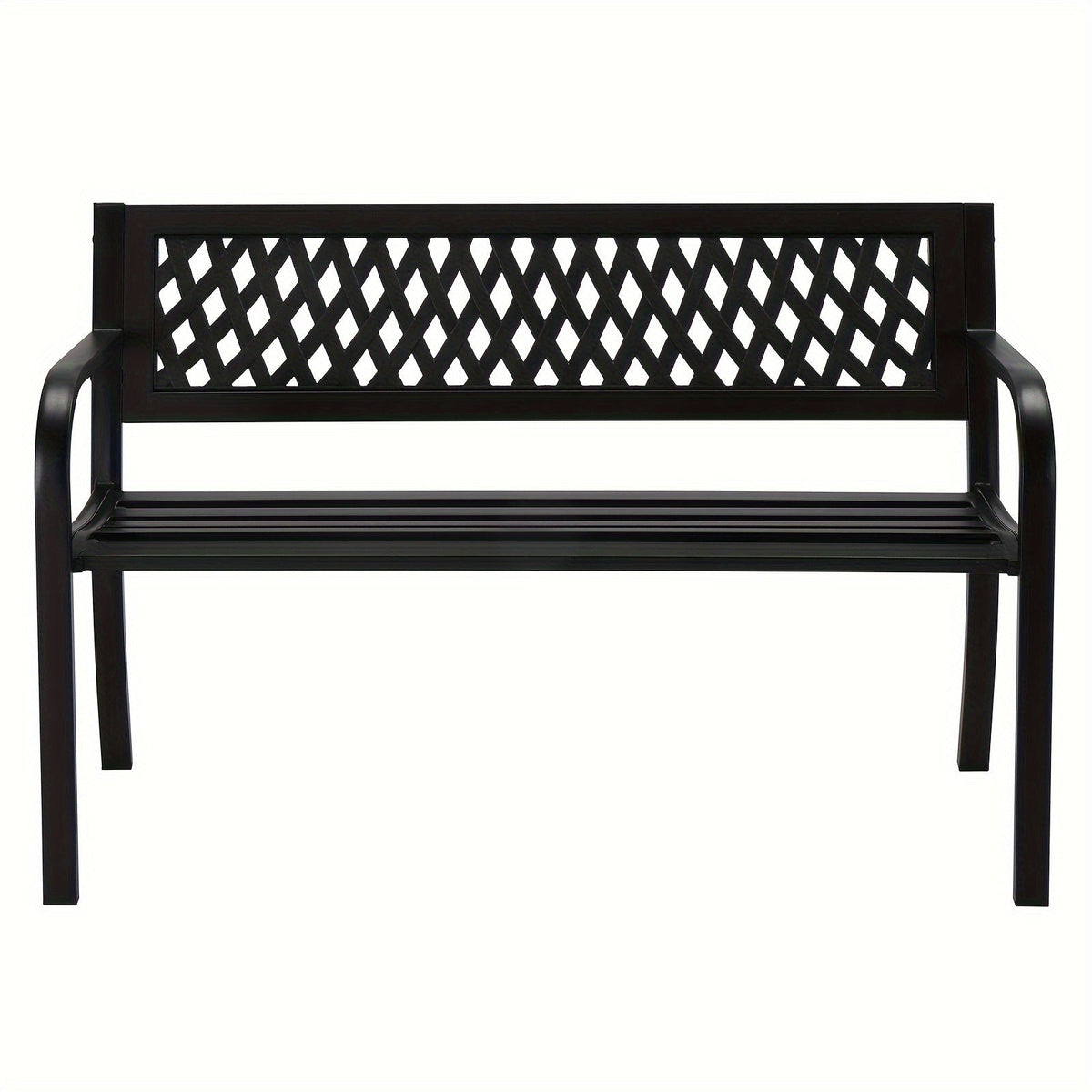 Black Metal Outdoor Bench with 47in Slatted Seat, Lattice Backrest, Curved Arms and Single Finish