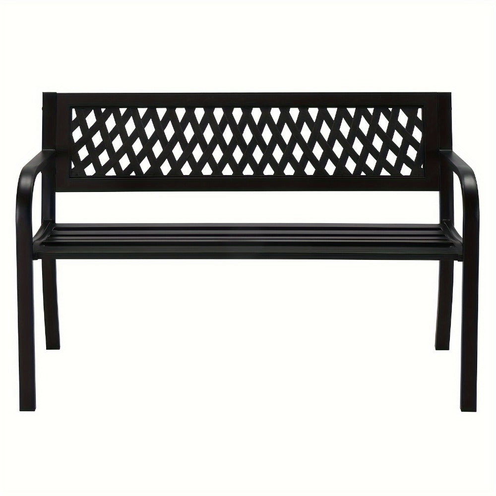 Black Metal Outdoor Bench with 47in Slatted Seat, Lattice Backrest, Curved Arms and Single Finish